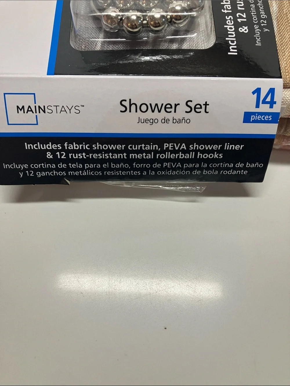 Mainstays Shower Curtain Set in Beige, Pink & White with Silver Hooks